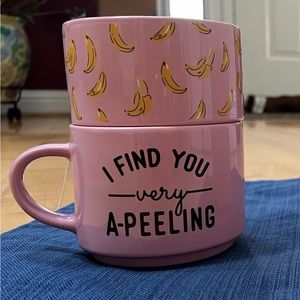 Cute Whimsical Pink Mug and Bowl Set Wit Banana Pattern